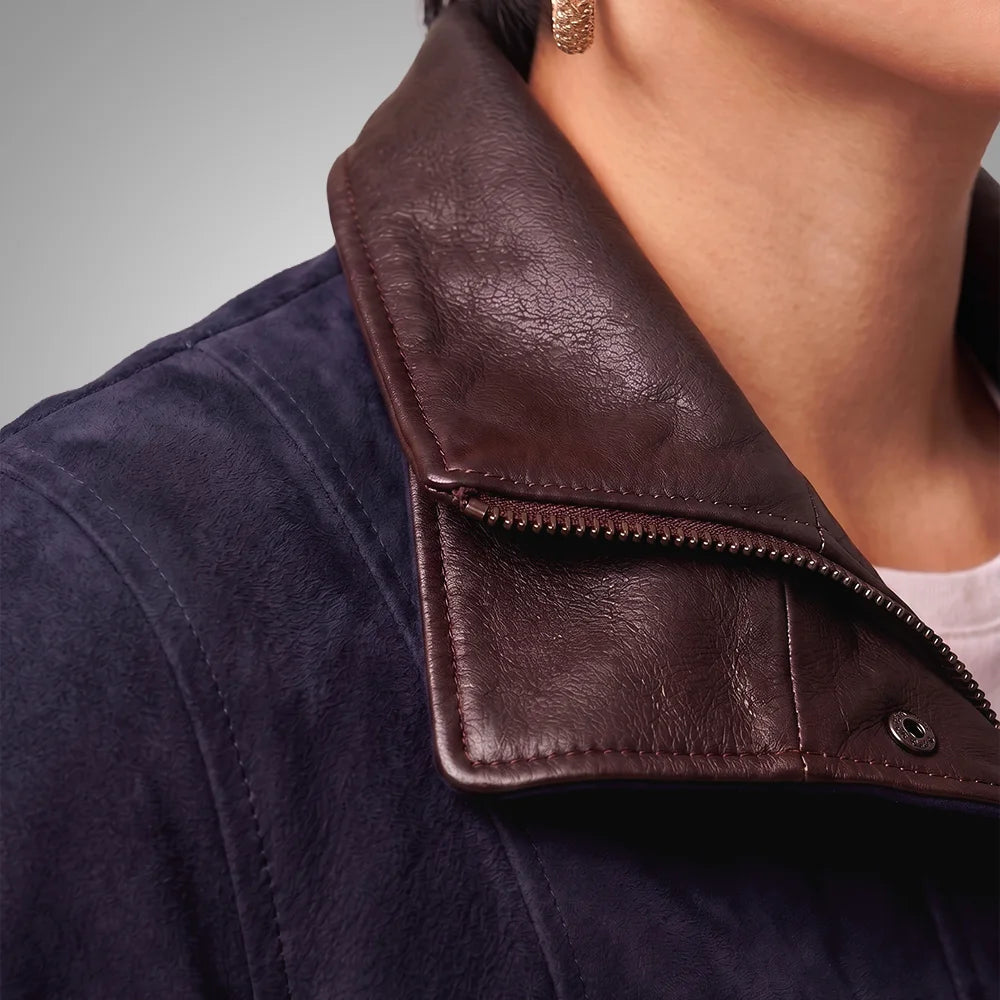 Women's Italian Lambskin Blue Leather Anorak Coat | Nubuck Double Collar