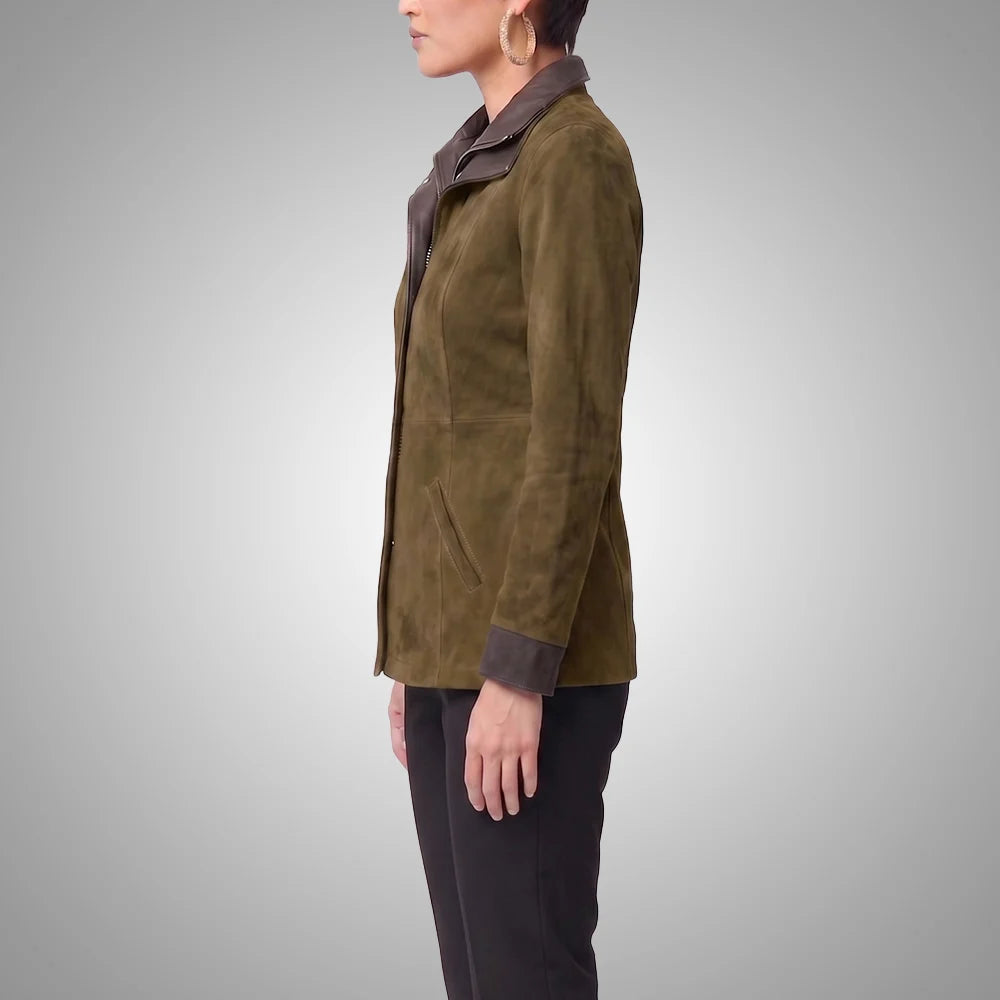 Women's Italian Lambskin Safari Leather Anorak Coat | Nubuck Double Collar