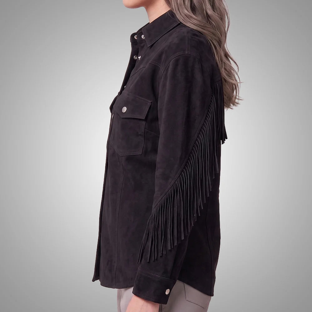 Black Women's Cropped Goat Suede Fringe Jacket | Western Boho