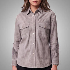 Grey Women's Cropped Goat Suede Fringe Jacket | Western Boho
