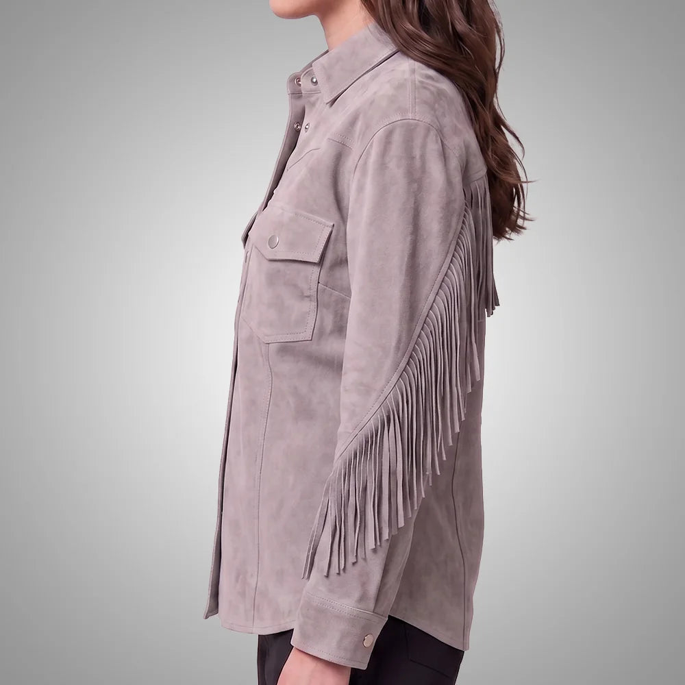 Grey Women's Cropped Goat Suede Fringe Jacket | Western Boho