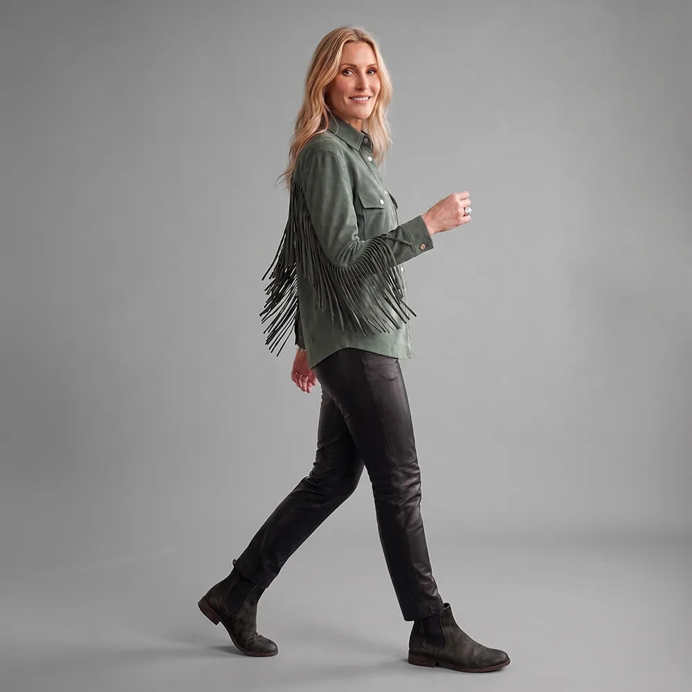 Sea Green Women's Cropped Goat Suede Fringe Jacket | Western Boho