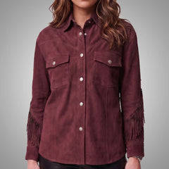 Wine Women's Cropped Goat Suede Fringe Jacket | Western Boho
