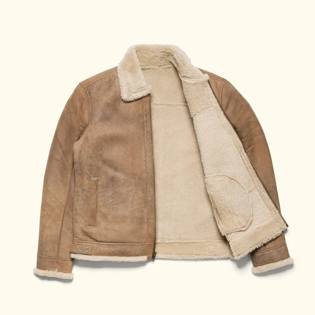 Heritage Faux Fur Shearling Leather Bomber Jacket - Honey Beige