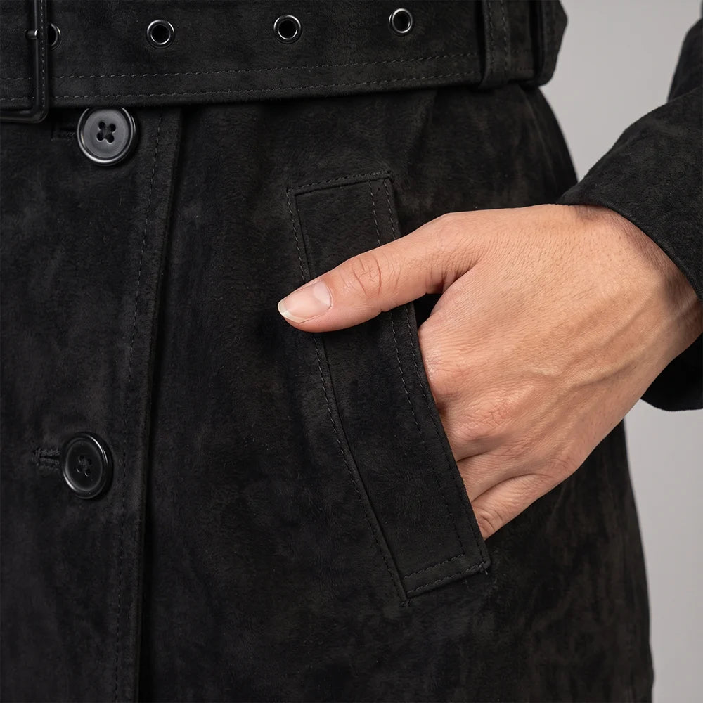 Women's Lambskin Suede Trench Coat Black | Military-Inspired Full Length