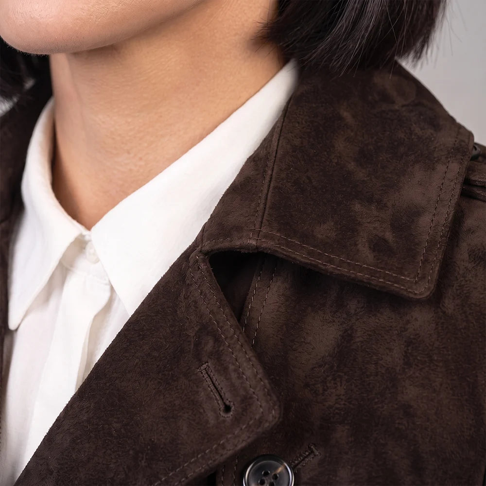 Women's Lambskin Suede Trench Coat Brown | Military-Inspired Full Length
