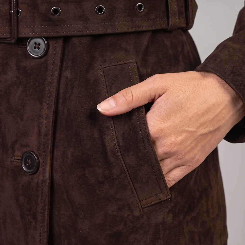 Women's Lambskin Suede Trench Coat Brown | Military-Inspired Full Length