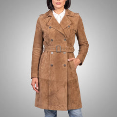 Women's Lambskin Suede Trench Coat | Military-Inspired Full Length