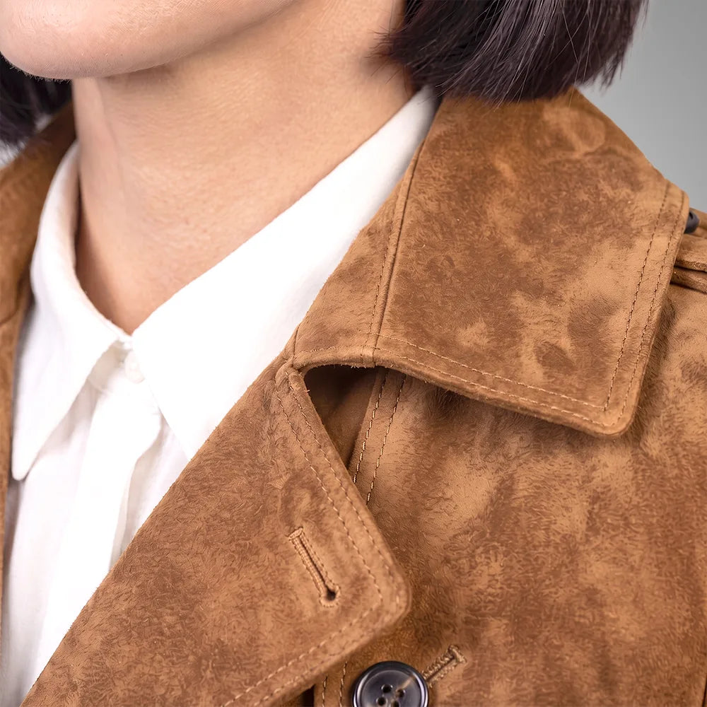 Women's Lambskin Suede Trench Coat | Military-Inspired Full Length