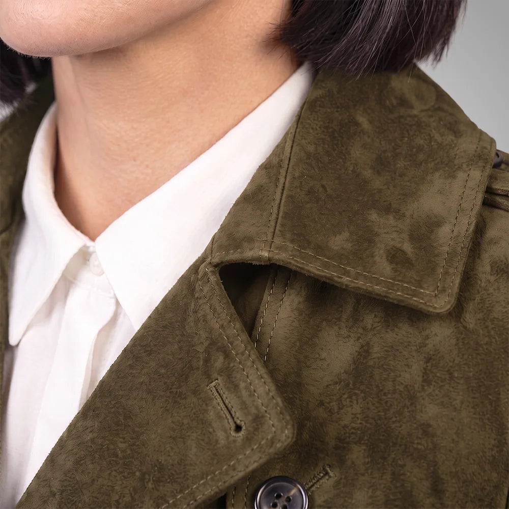 Women's Lambskin Suede Trench Coat Safari | Military-Inspired Full Length