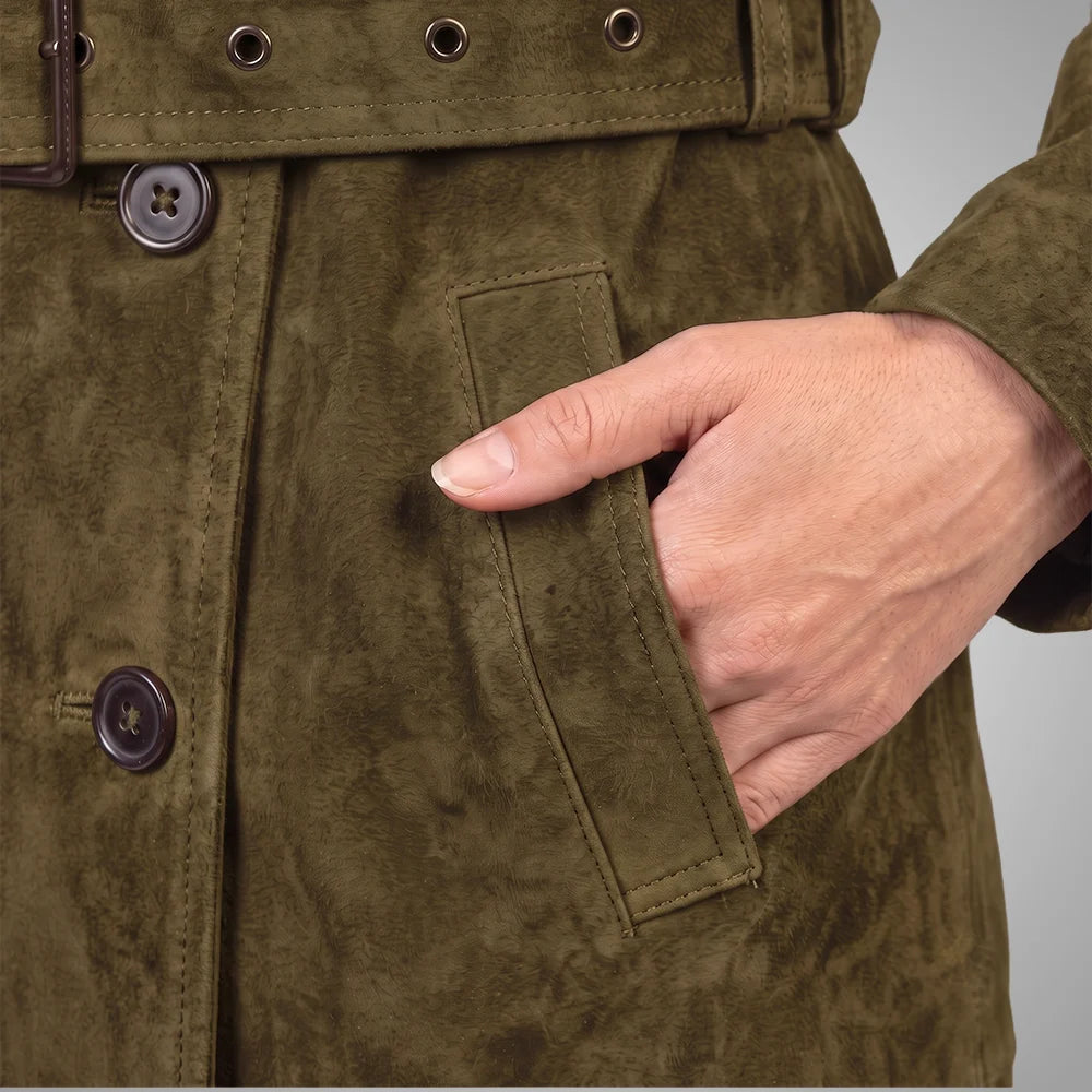 Women's Lambskin Suede Trench Coat Safari | Military-Inspired Full Length