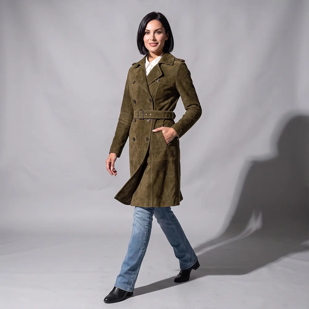 Women's Lambskin Suede Trench Coat Safari | Military-Inspired Full Length