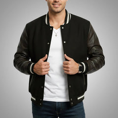Varsity Jacket Black | Premium Wool & Genuine Leather Sleeves