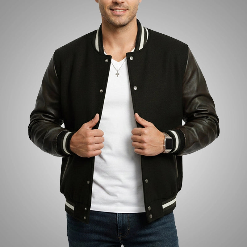 ATTACHMENT Wool×Leather Varsity Jacket Varsity Jacket Black | Premium Wool & Genuine Leather Sleeves