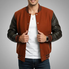 Red Varsity Jacket with Leather Sleeves - Wool Body, Leather