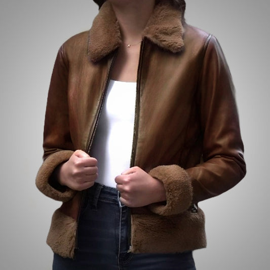 BrownFurFlightJacketWomen