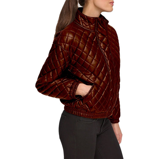 Quilted Bomber Leather Jacket – Stand Collar Luxury Edition - Brown