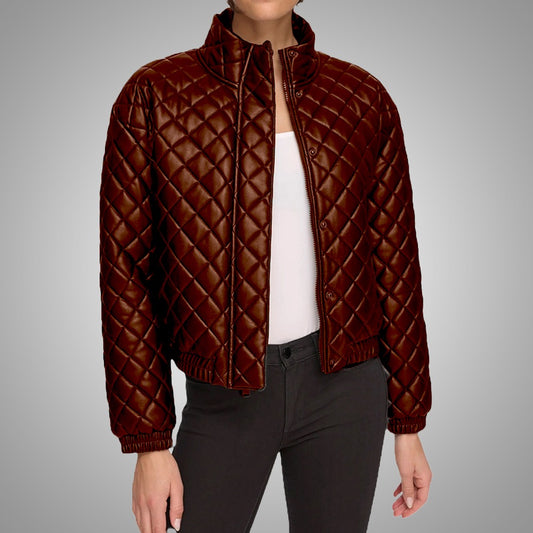 Quilted Bomber Leather Jacket – Stand Collar Luxury Edition - Brown
