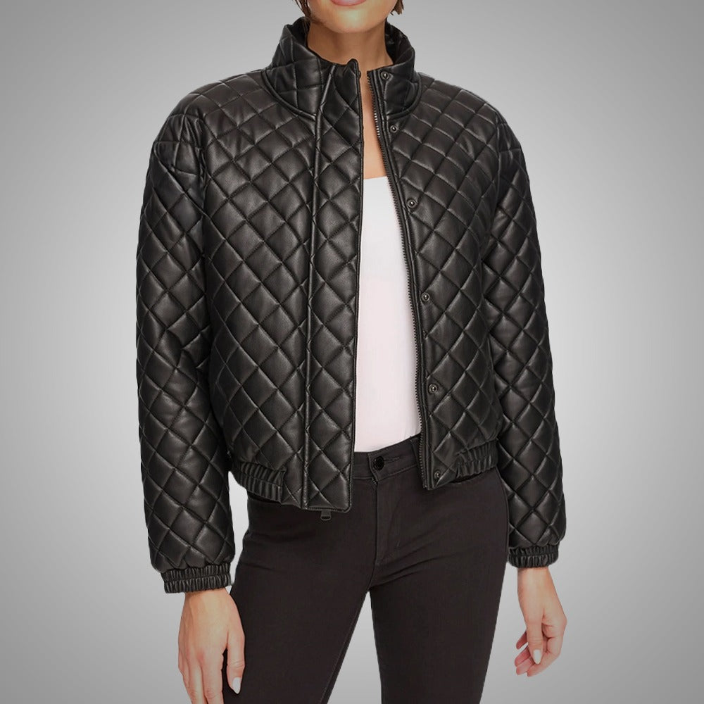 Quilted Bomber Leather Jacket – Stand Collar Luxury Edition - Brown