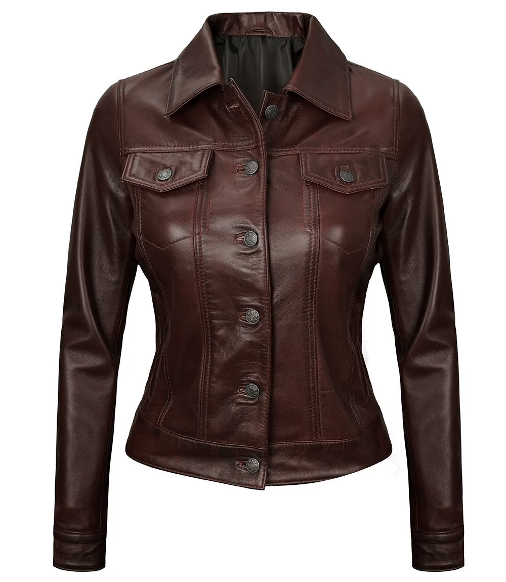 Royal Edge – Women’s Brown Wax Trucker Leather Jacket