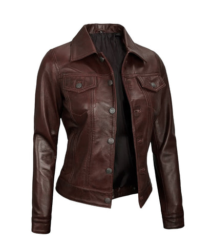 Royal Edge – Women’s Brown Wax Trucker Leather Jacket