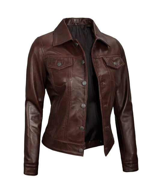 Royal Edge – Women’s Brown Wax Trucker Leather Jacket