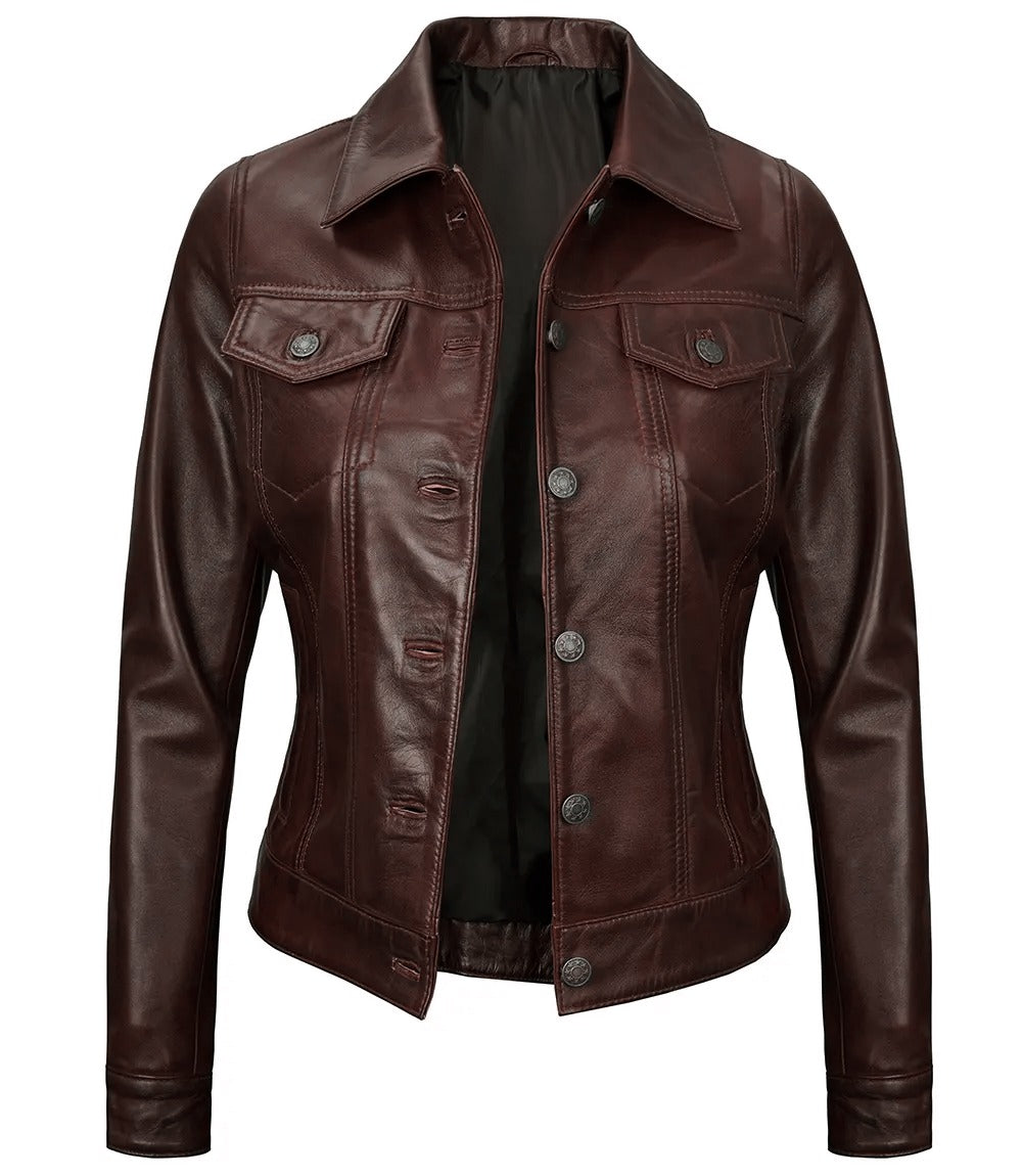 Royal Edge – Women’s Brown Wax Trucker Leather Jacket