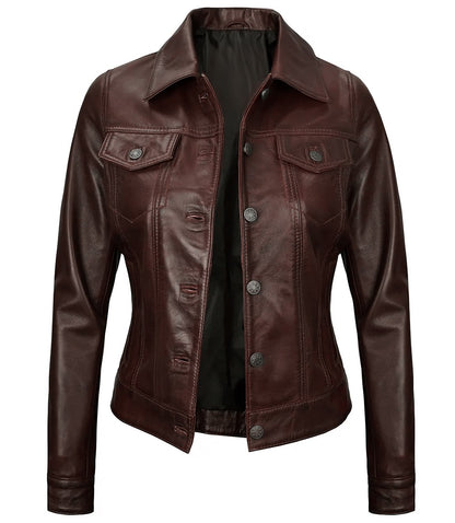 Royal Edge – Women’s Brown Wax Trucker Leather Jacket