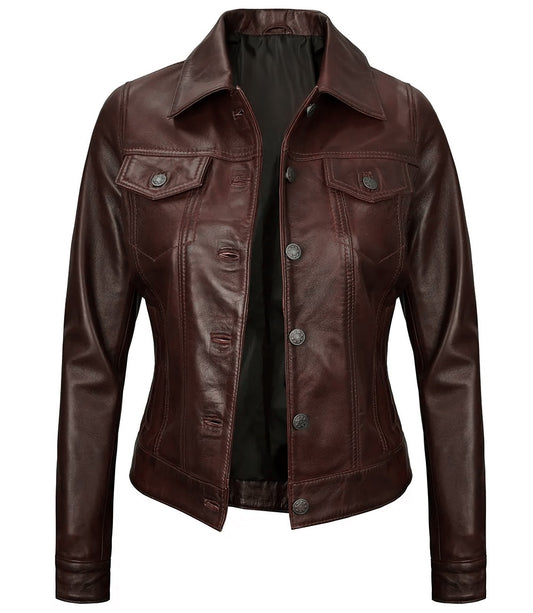 Royal Edge – Women’s Brown Wax Trucker Leather Jacket