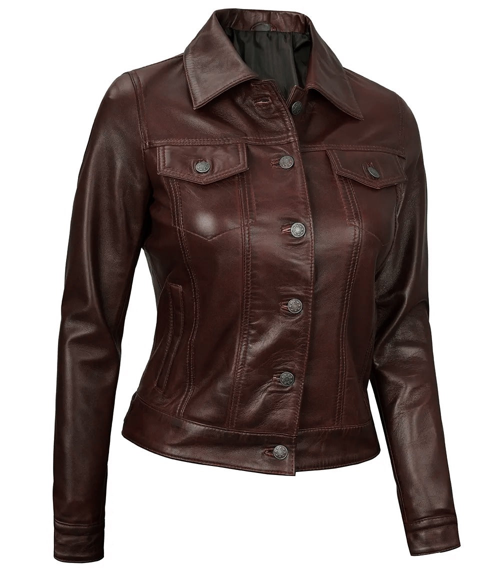 Royal Edge – Women’s Brown Wax Trucker Leather Jacket