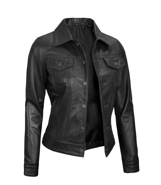 Royal Edge – Women’s Black Wax Trucker Leather Jacket
