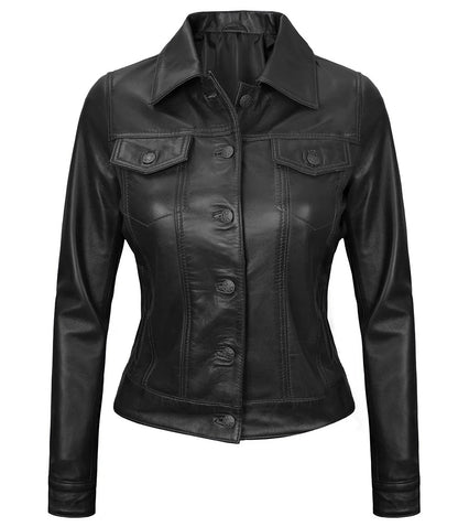 Royal Edge – Women’s Black Wax Trucker Leather Jacket