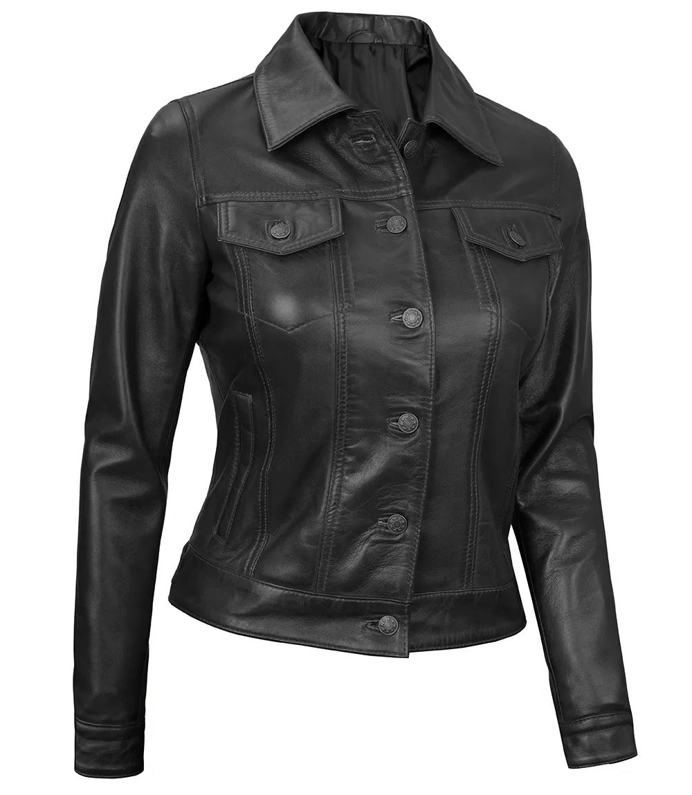 Royal Edge – Women’s Black Wax Trucker Leather Jacket
