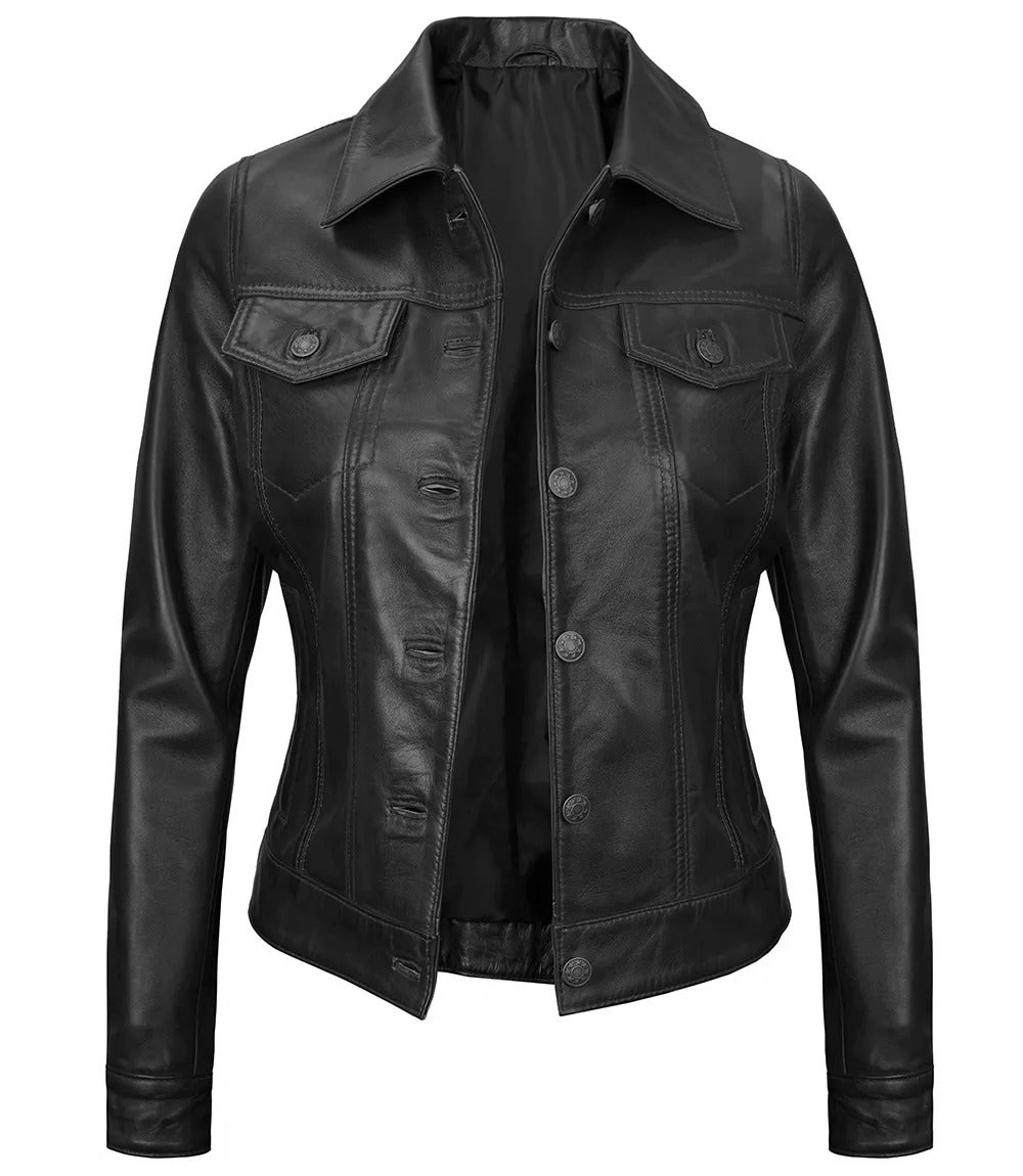 Royal Edge – Women’s Black Wax Trucker Leather Jacket