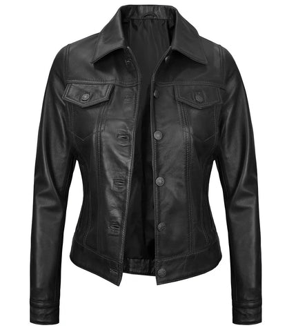 Royal Edge – Women’s Black Wax Trucker Leather Jacket