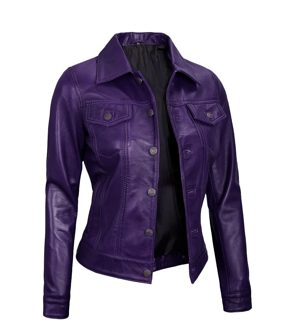 Royal Edge – Women’s Purple Wax Trucker Leather Jacket