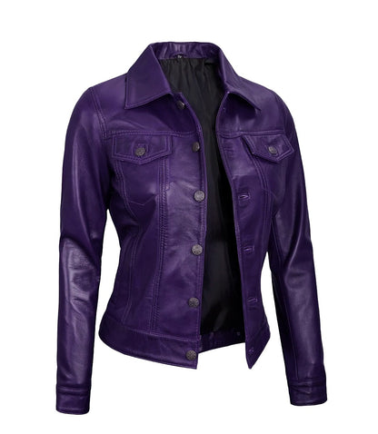 Royal Edge – Women’s Purple Wax Trucker Leather Jacket