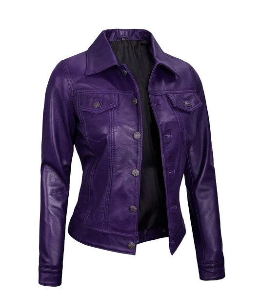 Royal Edge – Women’s Purple Wax Trucker Leather Jacket