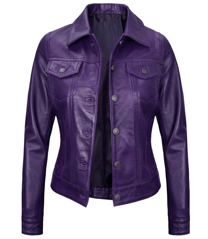 Royal Edge – Women’s Purple Wax Trucker Leather Jacket