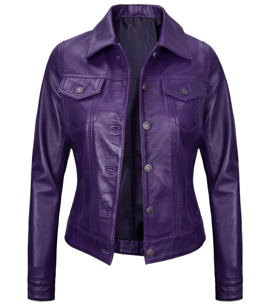 Royal Edge – Women’s Purple Wax Trucker Leather Jacket