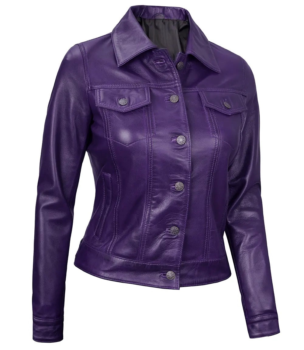 Royal Edge – Women’s Purple Wax Trucker Leather Jacket