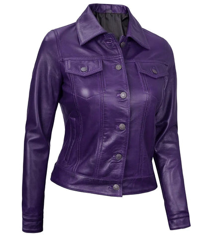 Royal Edge – Women’s Purple Wax Trucker Leather Jacket