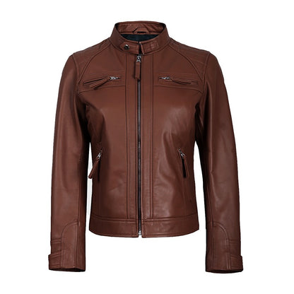 Mocha Luxe Women’s Racer Leather Jacket - Brown
