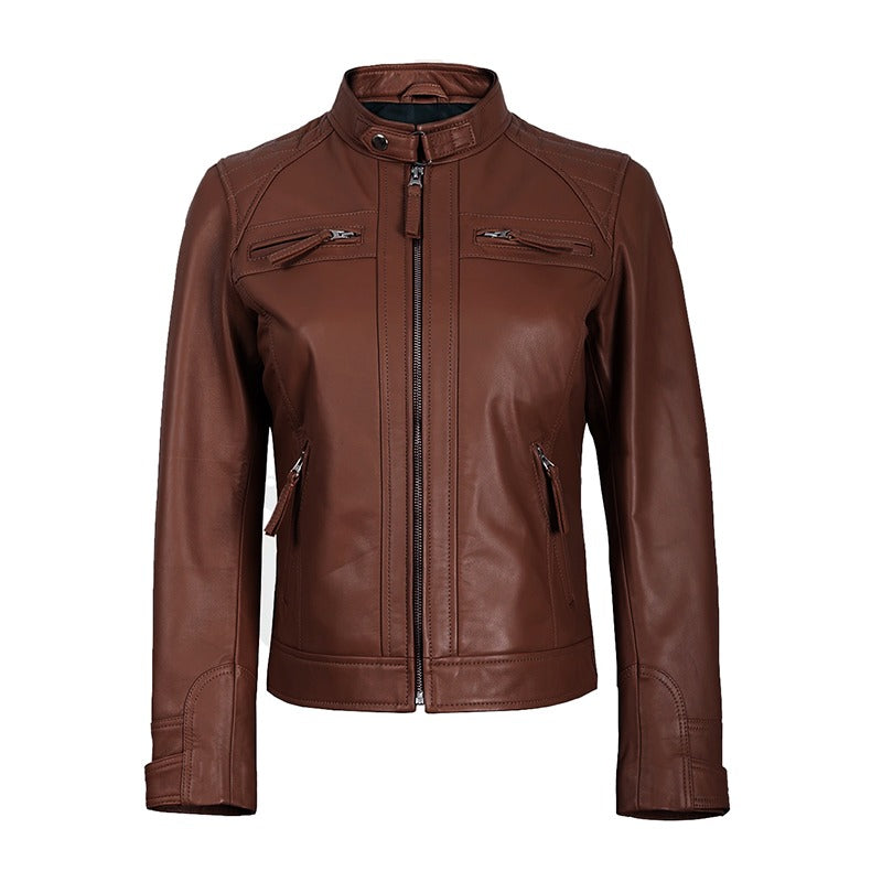 Mocha Luxe Women’s Racer Leather Jacket - Burnt Cocoa