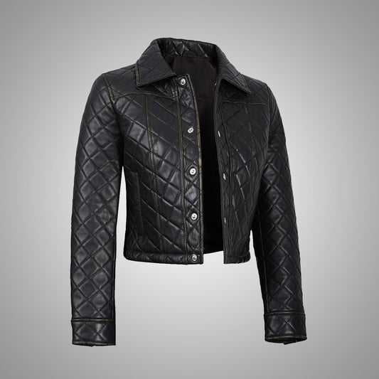Women's Black Cropped Quilted Leather Jacket