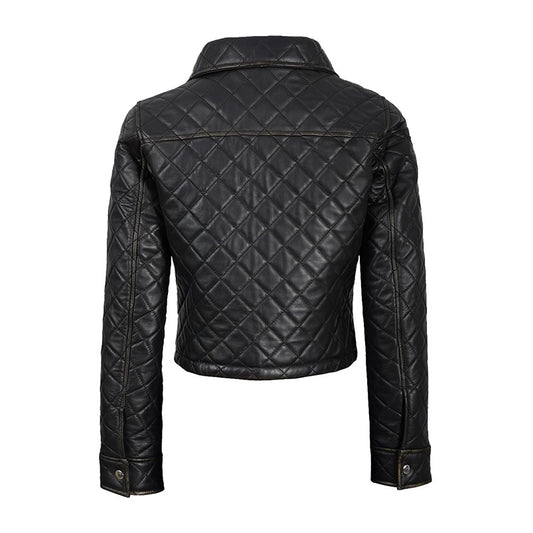 Women's Black Cropped Quilted Leather Jacket