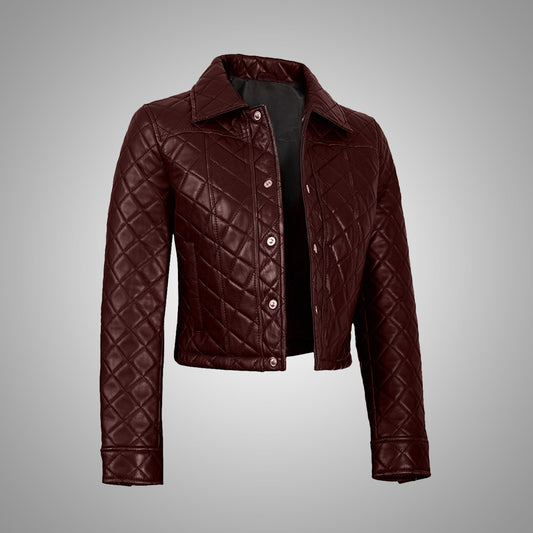 Women's Dark Brown Cropped Quilted Leather Jacket