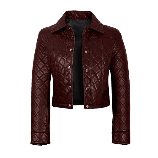 Women's Dark Brown Cropped Quilted Leather Jacket