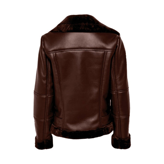 Brown leather jacket with fur trim on a white background