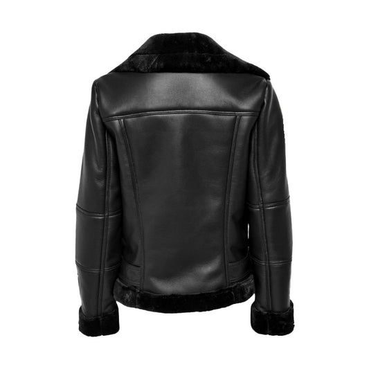 Black leather jacket with fur trim on a white background